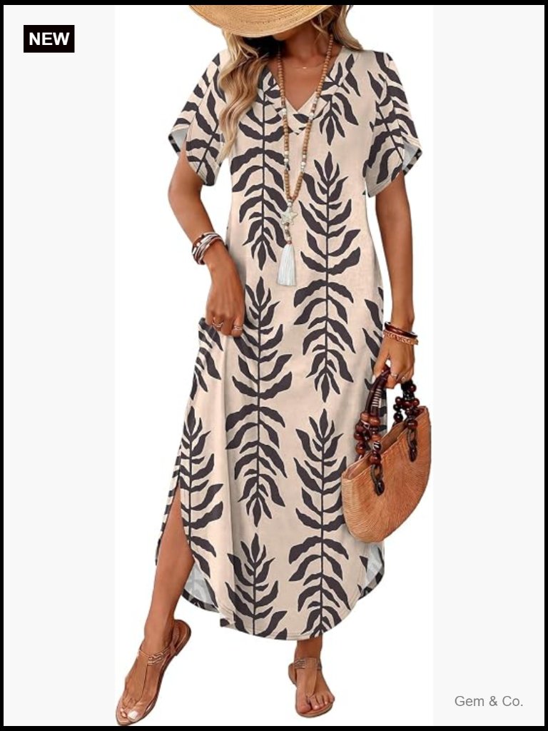 V-Neck Maxi Dress With Side Slit Pockets Loose Fit Beach Dress